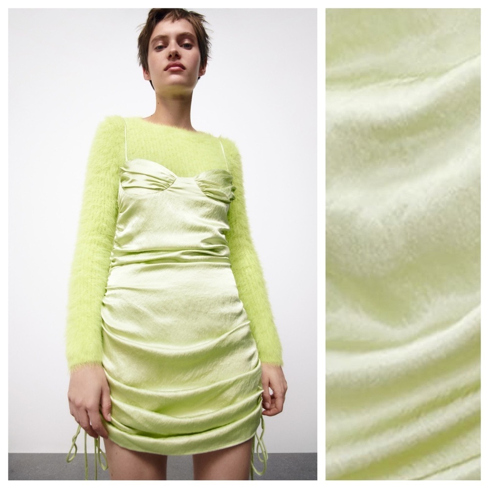 🌹NWT. Zara Mint Green Satin Effect Ruched Mini Dress with V-neck. Size S. - Picture 2 of 12